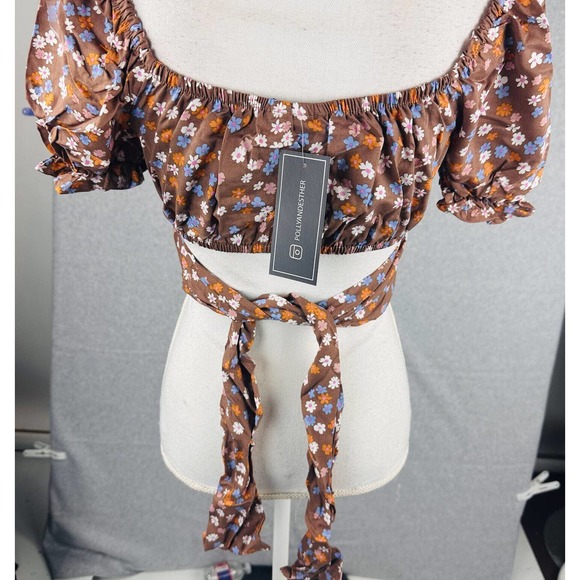Just Polly Juniors Womens Sz Small Floral Tie-Back Peasant Fitted Top Brown New - Picture 7 of 7